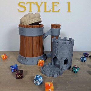 May include: A gray and brown 3D printed dice tower shaped like a beer stein with a removable lid. The tower has a gray brick design and a brown wooden barrel design. The tower is surrounded by various colored dice.