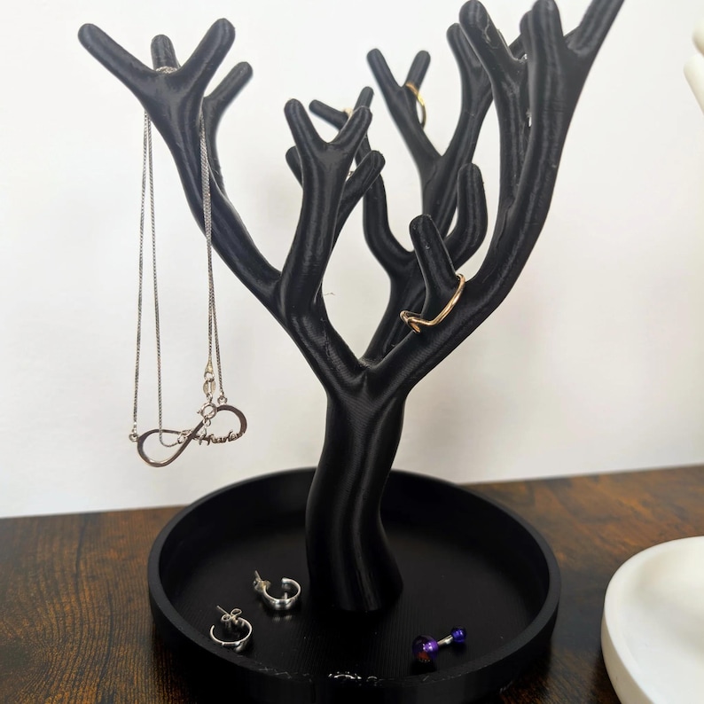 Tree Jewellery Holder with Tray | 3D Printed Ring Stand | Modern Organiser | Gift for Her Black