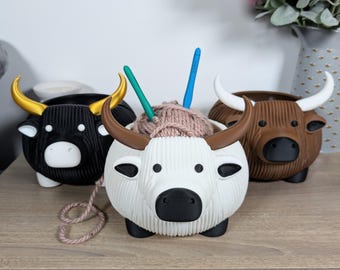 Highland Kuh Garnschüssel | 3D Gedruckter Wollhalter | Schottische Kuh Geschenk | Strick Accessoire