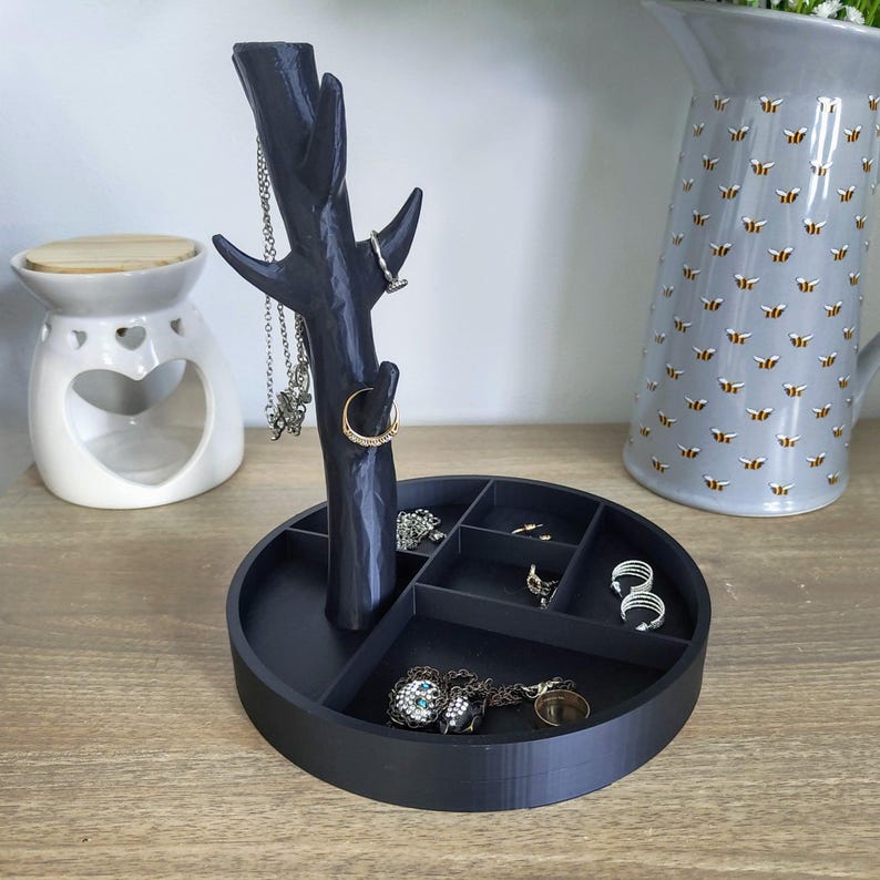 Jewellery Tree Organiser | 3D Printed Ring & Necklace Stand | Black Minimalist Décor image 3