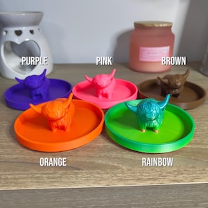 May include: A collection of colorful Highland cow trinket dishes. Each dish features a small cow figurine in a different color: purple, pink, orange, green, and brown. The word "PURPLE", "PINK", "ORANGE", "RAINBOW", and "BROWN" are written on the image.
