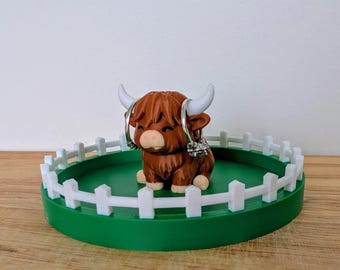 Highland Cow Ring Schaal met Omheining | 3D-geprinte sieradenhouder | Boerderijdecoratie | Schotse koe cadeau