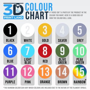 May include: A color chart for 3D printing filament, showing 15 different colors, including black, white, gold, silver, grey, blue, light blue, red, olive green, peak green, purple, pink, orange, brown, and rainbow.
