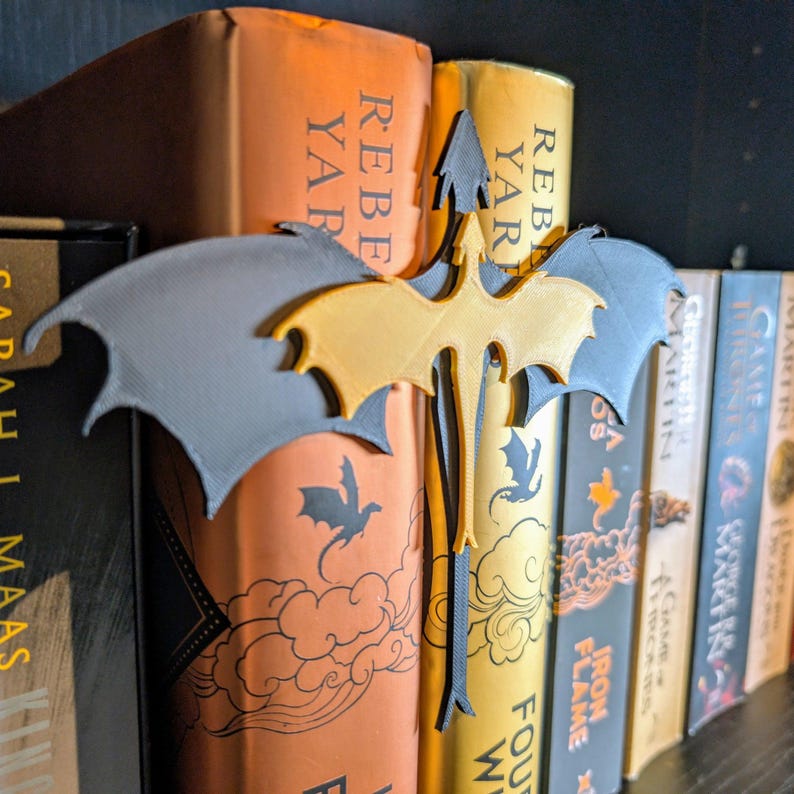 Double Dragon Book Insert | Fourth Wing Bookshelf Decor | 3D Printed Fantasy Gift | Black & Gold image 5