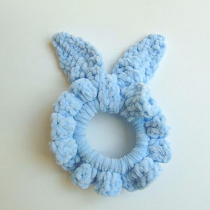Bunny ear velvet scrunchie, bow scrunchie, light blue crochet hair scrunchie, handmade crochet velvet scrunchie, ponytail holder