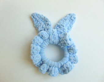 Bunny ear velvet scrunchie, bow scrunchie, light blue crochet hair scrunchie, handmade crochet velvet scrunchie, ponytail holder