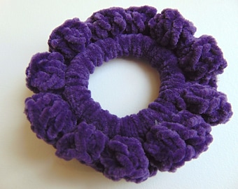 Velvet scrunchie, purple crochet hair scrunchie, handmade crochet velvet scrunchie
