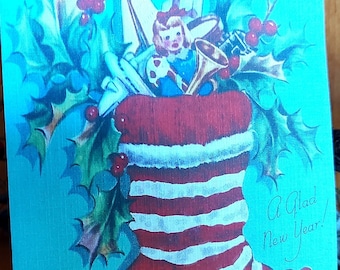 4 Pack of Deluxe HONEYCOMB POP-UP Striped Christmas Stocking cards, 1950's Style w/matched envelope - 2024, Vintage Style Christmas Card
