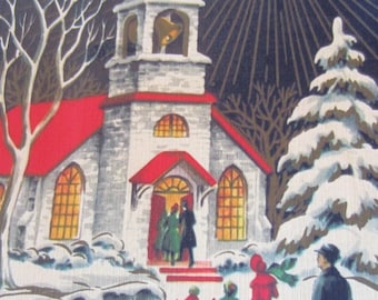 8 Pack of CHRISTMAS EVE Country CHURCH Cards, 1950's Style w/matched envelopes -Traditional Vintage Style Christmas Card, Retro Christmas