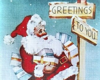 8 Pack of SANTA at GREETINGS SIGNPOST Cards, 1950's Style, matched envelopes -Traditional Vintage Style Christmas Card, Retro Christmas