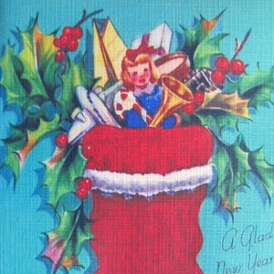May include: A vintage Christmas card featuring a red stocking filled with gifts, including a doll, a trumpet, and other toys. The stocking is surrounded by holly and the card reads "Merry Christmas" and "A Glad New Year!"