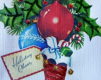 6 Pack of GLITTERED CHRISTMAS STOCKING and Holly Cards, 1950's Style w/matched envelopes - Vintage Style Christmas Card, 2025, Retro