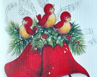 8 Pack of RED BELLS and BIRDS Cards, 1950's Style w/matched envelopes -Traditional Vintage Style Christmas Card, Retro Christmas