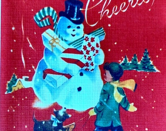 8 Pack of CHEERIO SNOWMAN CHRISTMAS Cards, 1950's Style, matched envelopes -Traditional Vintage Style Christmas Card, Retro Christmas