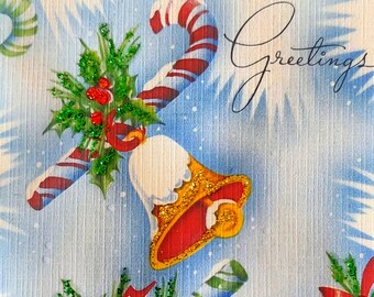 6 Pack of GLITTERED BELLS & CANDYCANES Cards, 1950's Style w/matched envelopes - Vintage Style Christmas Card, 2024, Retro Christmas