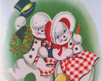 8 Pack of GREETINGS from Mr. & Mrs. SNOWMAN Cards, 1940's Style w/matched envelopes - Vintage Style Christmas Card, Retro Christmas