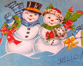 8 Pack of HELLO SNOWMAN COUPLE cards, 1950's Style w/matched envelopes -Traditional Vintage Style Christmas Card, Retro Christmas