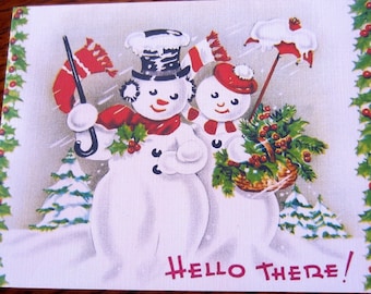 8 Pack of Christmas HELLO THERE SNOWFOLKS cards, 1950's Style w/matched envelopes -Traditional Vintage Style Christmas Card, Retro Christmas