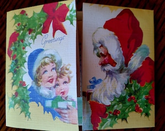 6 Pack of DELUXE Offset Tri-fold SANTA w/CHILDREN Cards, 1950's Style w/matched envelopes -Traditional  Style Christmas Card, 2024, Retro