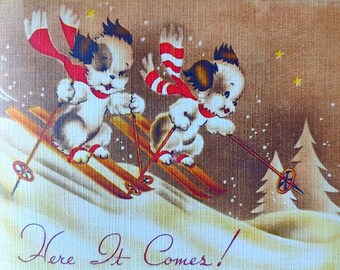 8 Pack of SKIING DOGS Cards, 1940's Style w/matched envelopes - Vintage Style Christmas Card, 2024, Retro Christmas