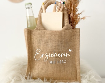 Geschenk für Erzieherin, Geschenktasche Jute - Abschiedsgeschenk für Lehrerin, Erzieherin mit Herz Tasche, Dankeschön Geschenk