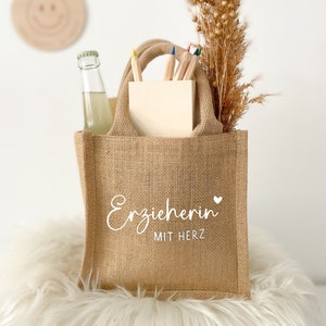 Geschenk für Erzieherin, Geschenktasche Jute - Abschiedsgeschenk für Lehrerin, Erzieherin mit Herz Tasche, Dankeschön Geschenk