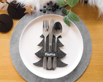 Personalisierte Bestecktasche aus Filz, Tannenbaum aus Filz, personalisierte Tischdekoration, Weihnachtsessen