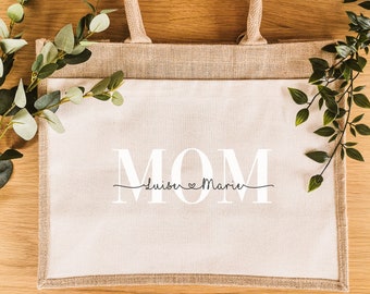 Jute Shopper personalisiert, individuelles Muttertagsgeschenk, Spruch Mom + Kindernamen, personalisiertes Geschenk