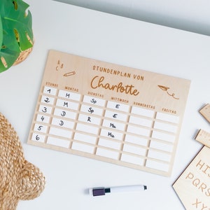 Op de afbeelding: Een houten schemabord met de tekst "STUNDENPLAN VON Charlotte" bovenaan. Het bord heeft ruimte voor elke dag van de week, met de dagen in het Duits gelabeld. Het bord is ontworpen voor een kind om zijn dagelijkse schema in te vullen.