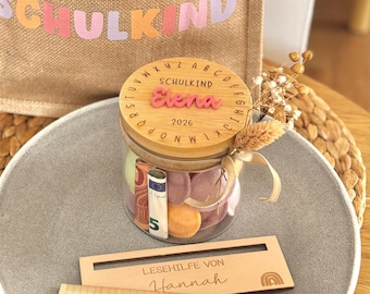Personalisiertes Schulkind Glas mit Namen – Geschenk zur Einschulung mit Holzdeckel & 3D Effekt