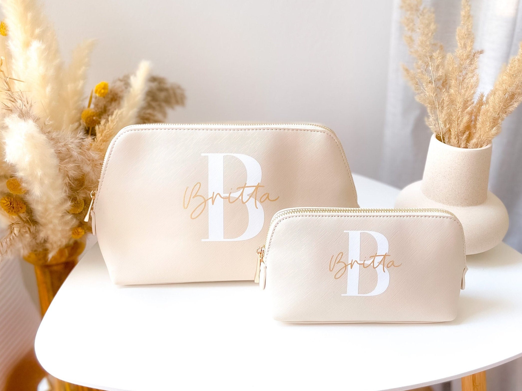 2 Stück Leinen-Tragetaschen Mit Monogramm – Personalisierte Geschenktasche & Make-up-Tasche