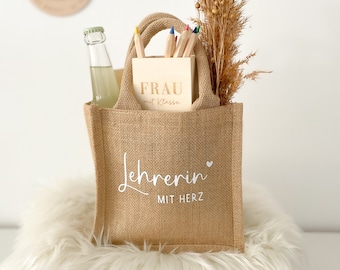 Geschenk für Lehrkräfte, Geschenktasche Jute - Abschiedsgeschenk für Lehrerin, Lehrerin mit Herz Tasche