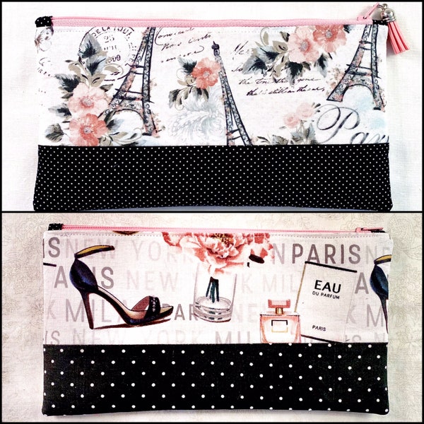 Chic Paris Themed Print Zippered Wallet, Black & Pink Pencil Case, 9” x 5” Zipper Gift Bag for Her, School and Art Supplies Organizer Pouch