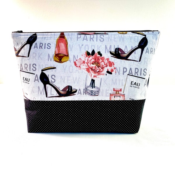 Chic Paris-Themed Large Cosmetic Bag, Pink and Black High Heels, Perfume, Rose Makeup Bag, Large Zippered Cosmetic Case, Gift For Bridesmaid