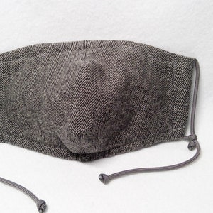 Face Mask Brushed Cotton Fabric Grey & Black Herringbone with Adjustable Ear Loops, Removable Nose Wire, and Filter Pocket Option image 4