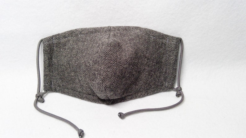 Face Mask Brushed Cotton Fabric Grey & Black Herringbone with Adjustable Ear Loops, Removable Nose Wire, and Filter Pocket Option image 4