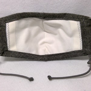 Face Mask Brushed Cotton Fabric Grey & Black Herringbone with Adjustable Ear Loops, Removable Nose Wire, and Filter Pocket Option image 3
