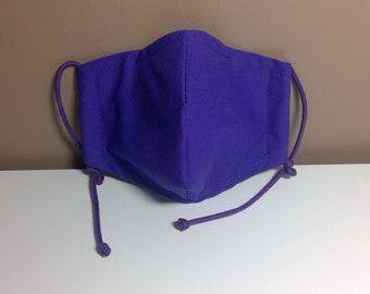 Purple Solid Fabric Face Mask with Adjustable Ear Loops, Removable Nose Wire, and Filter Pocket Option