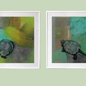 Baby Turtle Art Print, INSTANT DOWNLOAD, PAIR of Fine Art Prints, Animal Landscape Aqua Blue Green Square Printable Wall Decor up to 24x24