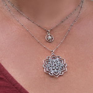 Sterling Silver Mandala Necklace worn on model with an 18" satellite ball chain