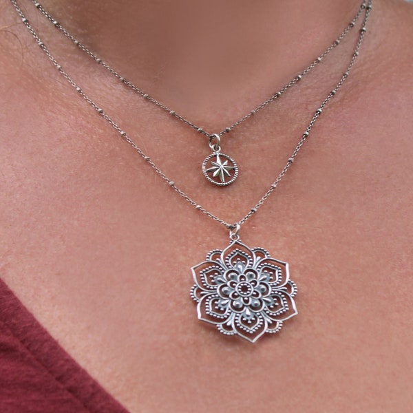 Collier Mandala, Collier de charme Mandala, Collier de fleurs Mandala, Pendentif fleur de Lotus, Pendentif Mandala, Bijoux Mandala, Argent Sterling