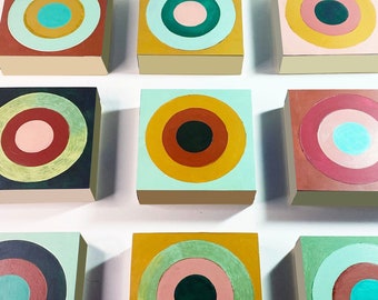 Square Grid Targets Painting, Circles painting, Original Art, Colorful Wall Art, retro vibes, geometric shapes + nature-inspired hues