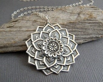 Mandala Necklace, Mandala Charm Necklace, Mandala Flower Necklace, Lotus Flower Pendant, Mandala Pendant, Mandala Jewelry, Sterling Silver