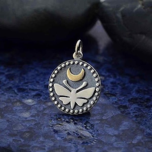 Crescent Moon Charm, Moth Moon Charm Necklace, Night Sky Moon Stars Charm, Mixed Metal, Luna Moth Charm Necklace, Sterling Silver