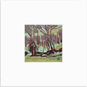 Small landscape painting, original art, spring woods, trees, abstract painting, green, red, ooak art, ready to frame art, 8x8 matted art