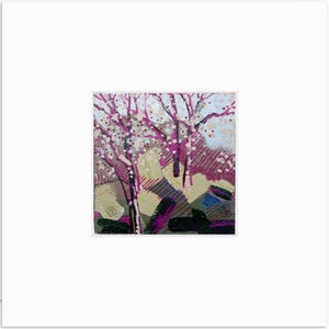 Small landscape painting, original art, spring woods, trees, abstract painting, green, pink, ooak art, ready to frame art, 8x8 matted art