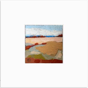 Small landscape painting, original art, abstract fields, abstract painting, orange, blue, OOAK art, ready to frame art, 8x8 matte