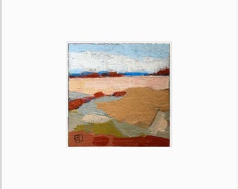 Small landscape painting, original art, abstract fields, abstract painting, orange, blue, OOAK art, ready to frame art, 8x8 matte