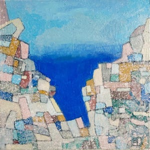 Small landscape painting, small original abstract, mini abstract painting, blue and yellow, ooak art