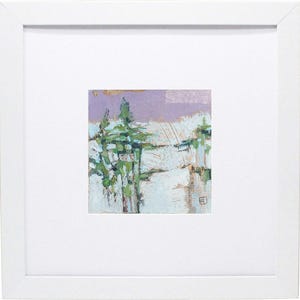 Small Landscape Painting, Small Original Art, Mini Abstract Painting, Green, Purple, white, OOAK art, Ready to Frame Art, 12x12 framed art